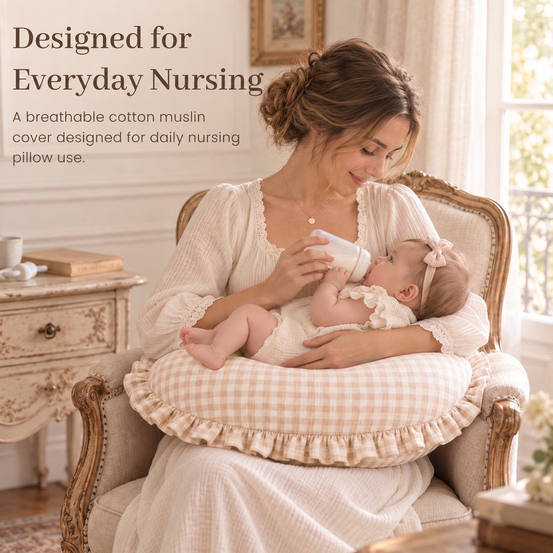 Konssy 100% Muslin Cotton Soft Nursing Pillow Covers with Ruffle Trim Covers Only, Breathable & Machine Washable Slipcover, Baby Breastfeeding Pillow Cover for Newborn Boys & Girls, in gift box
