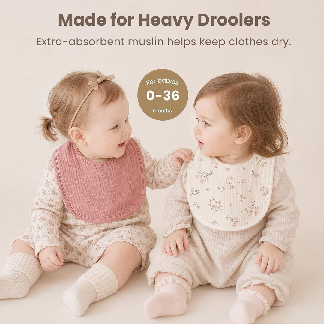 Konssy 8-Pack Muslin Baby Bibs, Adjustable Fit for Drooling and Teething Soft Absorbent, Drool Bibs for Baby Boys Girls, Cotton Front with Fleece Backing, Newborn to Toddler 0-36M