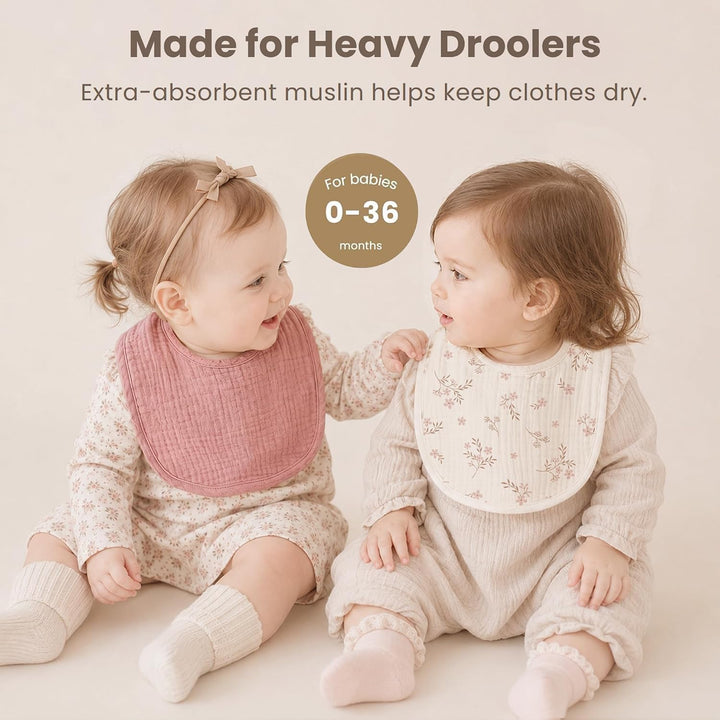 Konssy 8-Pack Muslin Baby Bibs, Adjustable Fit for Drooling and Teething Soft Absorbent, Drool Bibs for Baby Boys Girls, Cotton Front with Fleece Backing, Newborn to Toddler 0-36M
