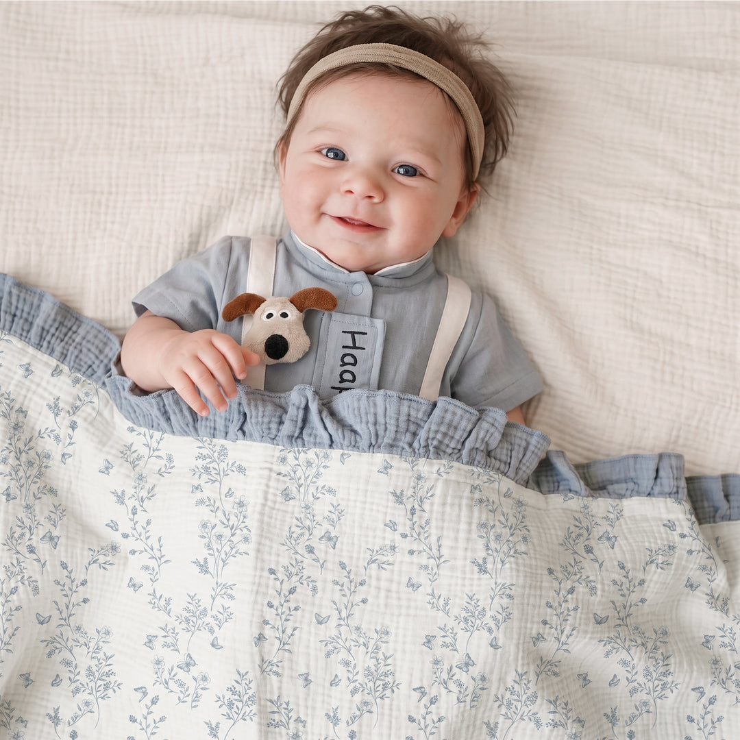 Konssy 100% Cotton Muslin Baby Blanket with Ruffle Trim for Girls, 43"x39" Reversible Design, Ultra Soft & Lightweight, for Swaddling, Crib, Stroller & Nursery Use, from Newborn to Toddler
