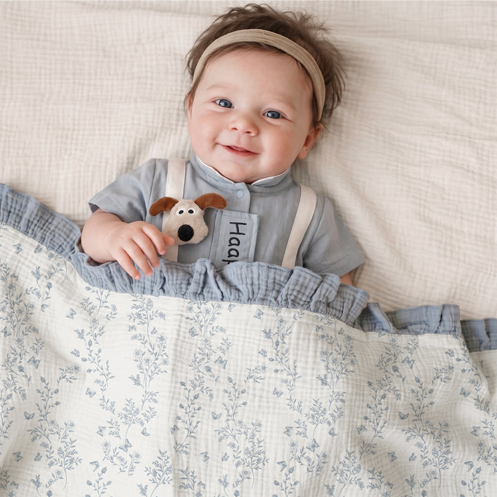 Konssy 100% Cotton Muslin Baby Blanket with Ruffle Trim for Girls, 43"x39" Reversible Design, Ultra Soft & Lightweight, for Swaddling, Crib, Stroller & Nursery Use, from Newborn to Toddler