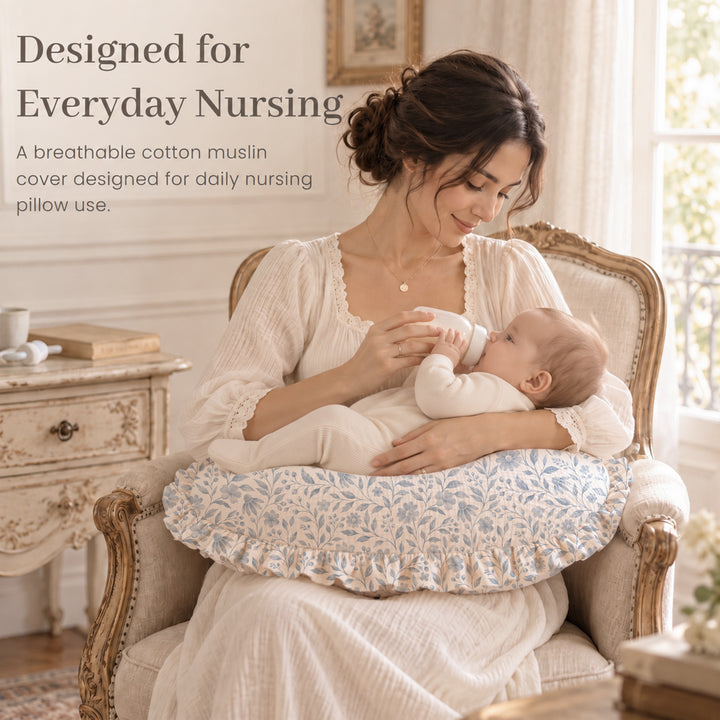 Konssy 100% Muslin Cotton Soft Nursing Pillow Covers with Ruffle Trim Covers Only, Breathable & Machine Washable Slipcover, Baby Breastfeeding Pillow Cover for Newborn Boys & Girls, in gift box
