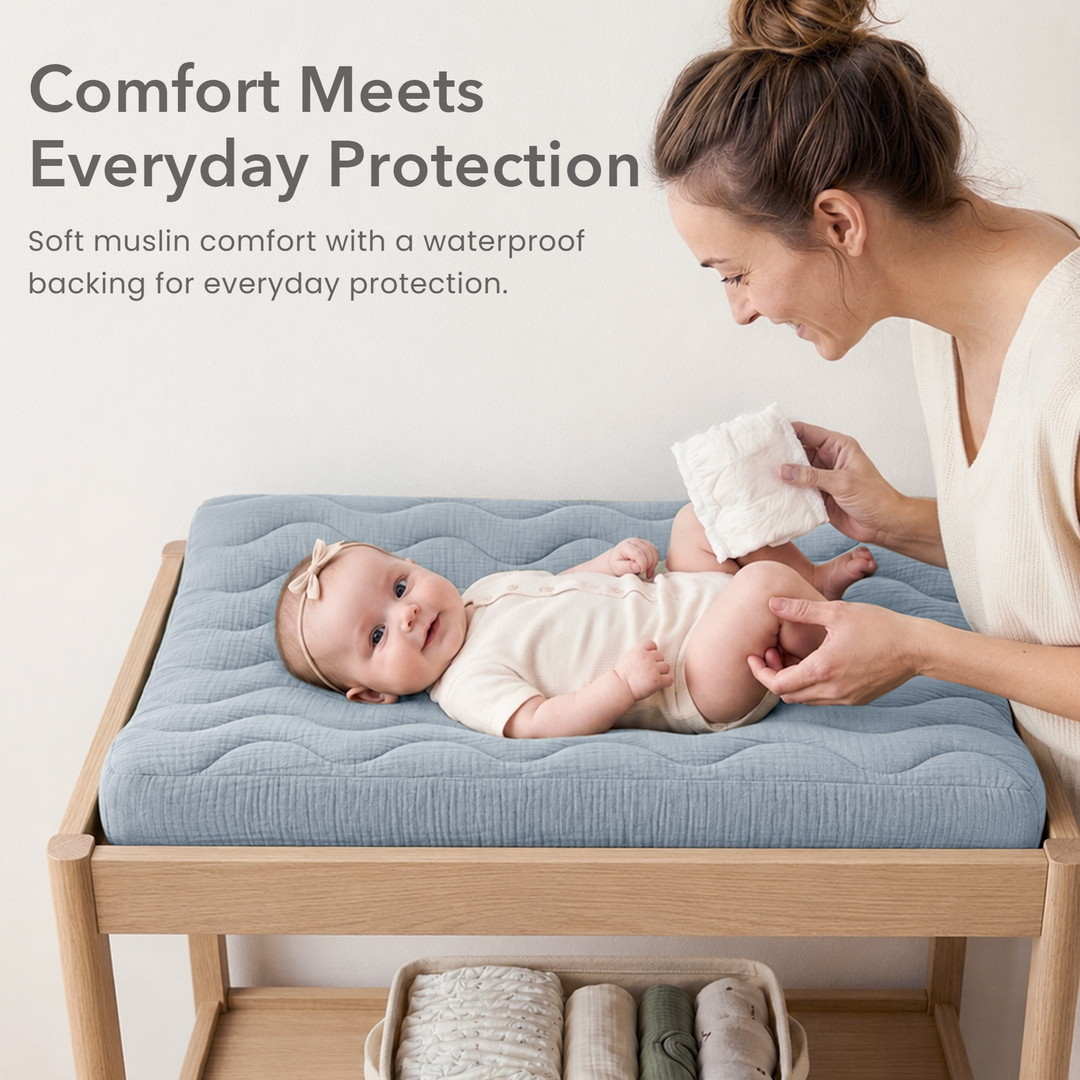 Konssy Waterproof Muslin Changing Pad Cover 2 Pack, 100% Cotton Quilted Diaper Changing Table Sheets, Soft Breathable Boho Nursery Bedding for Baby, Silent & Absorbent Standard Fit