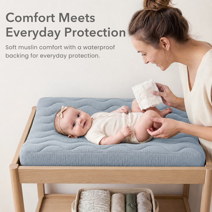 Konssy Waterproof Muslin Changing Pad Cover 2 Pack, 100% Cotton Quilted Diaper Changing Table Sheets, Soft Breathable Boho Nursery Bedding for Baby, Silent & Absorbent Standard Fit