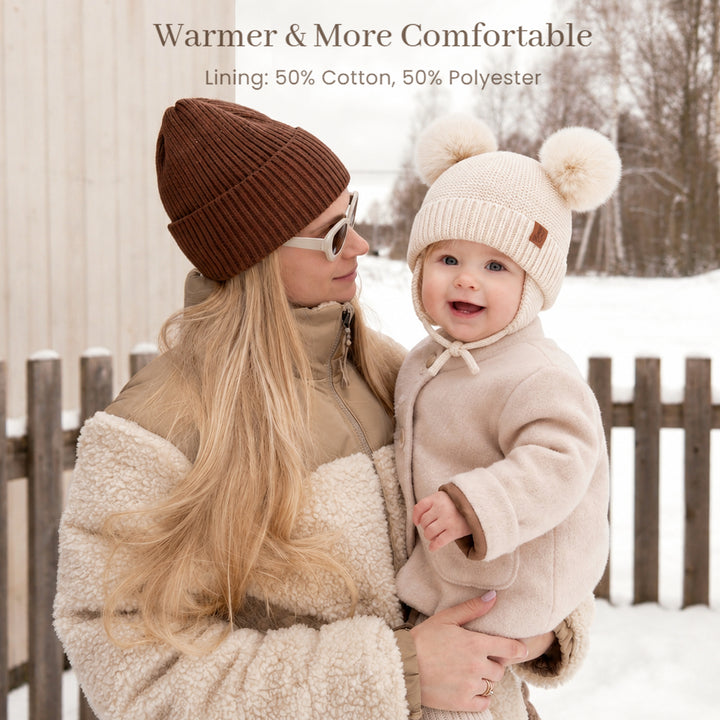 Konssy 2 Pack Baby Beanie Hat with Ear Flaps, Newborn Winter Hat 0-6 Months/60% Soft Cotton Lining to Help Retain Warmth, Secure Tie Closure, Comfy Double Pom-Pom Knit Winter Hat for Baby Boys Girls