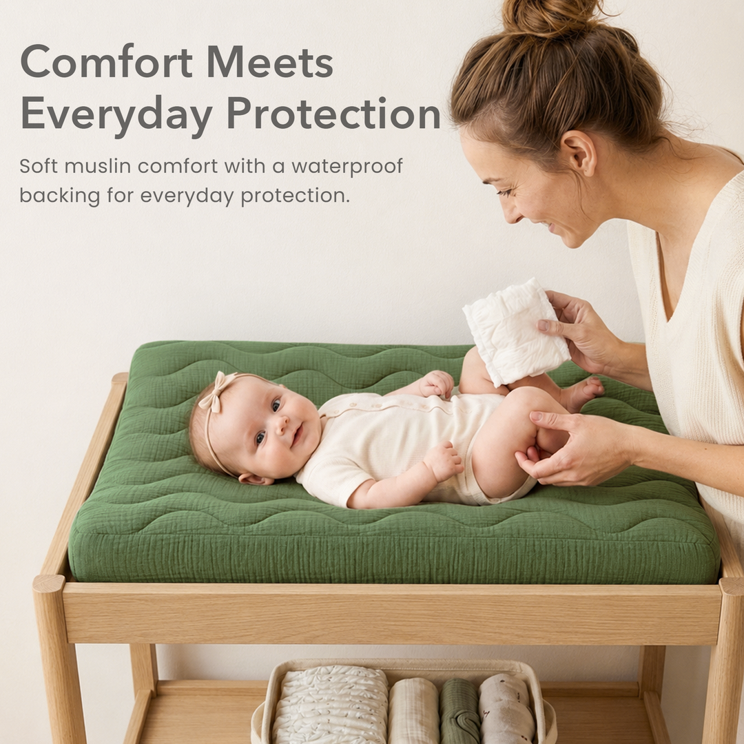 Konssy Waterproof Muslin Changing Pad Cover 2 Pack, 100% Cotton Quilted Diaper Changing Table Sheets, Soft Breathable Boho Nursery Bedding for Baby, Silent & Absorbent Standard Fit