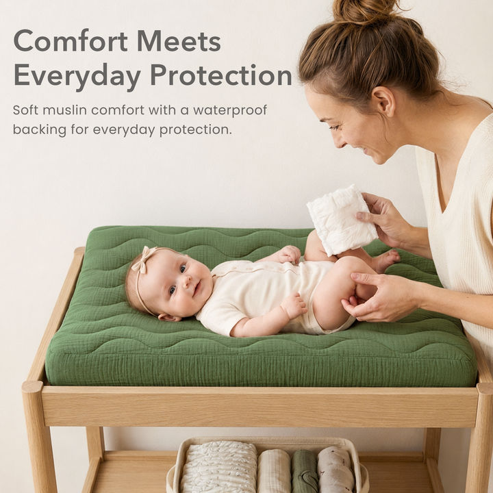 Konssy Waterproof Muslin Changing Pad Cover 2 Pack, 100% Cotton Quilted Diaper Changing Table Sheets, Soft Breathable Boho Nursery Bedding for Baby, Silent & Absorbent Standard Fit