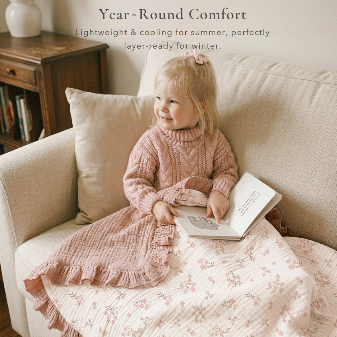 Konssy Flounce Muslin Baby Blanket for Girls Boys 47 x 47 Inches, 100% Cotton Soft Crib Swaddle Blankets, Reversible & Breathable Nursery Bedding for Newborns Toddlers(Petal Dream)