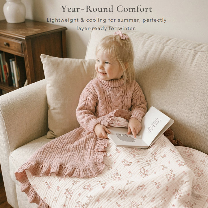 Konssy Flounce Muslin Baby Blanket for Girls Boys 47 x 47 Inches, 100% Cotton Soft Crib Swaddle Blankets, Reversible & Breathable Nursery Bedding for Newborns Toddlers(Petal Dream)