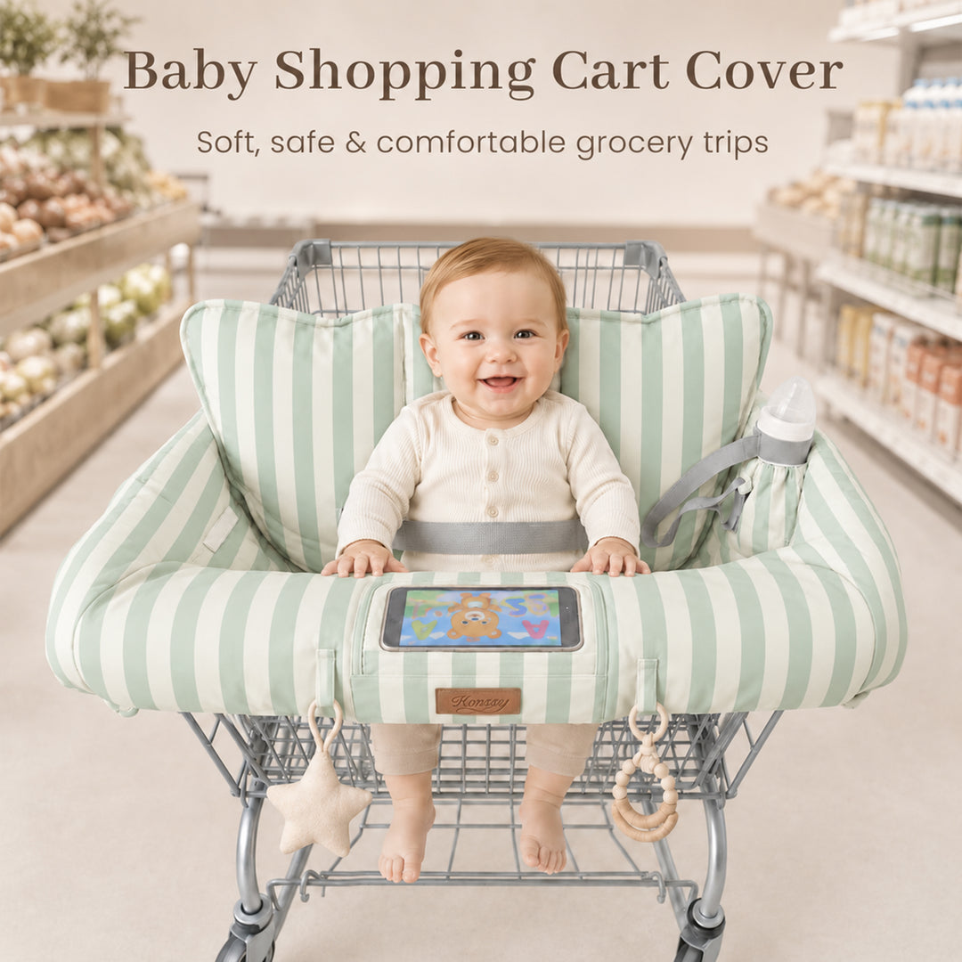 Konssy Shopping Cart Cover for Baby, High Chair Cover, 360° Protection Grocery Cart Seat Cover with Storage Pockets, Soft, Machine Washable, Portable with Carry Bag, Boys & Girls, Wide Green