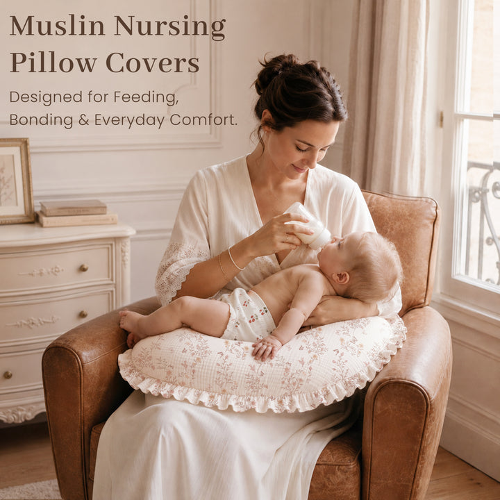 Konssy 2Pack 100% Muslin Cotton Soft Nursing Pillow Covers with Ruffle Trim Covers Only, Breathable & Machine Washable Slipcover, Baby Breastfeeding Pillow Cover for Newborn Boys & Girls, in gift box