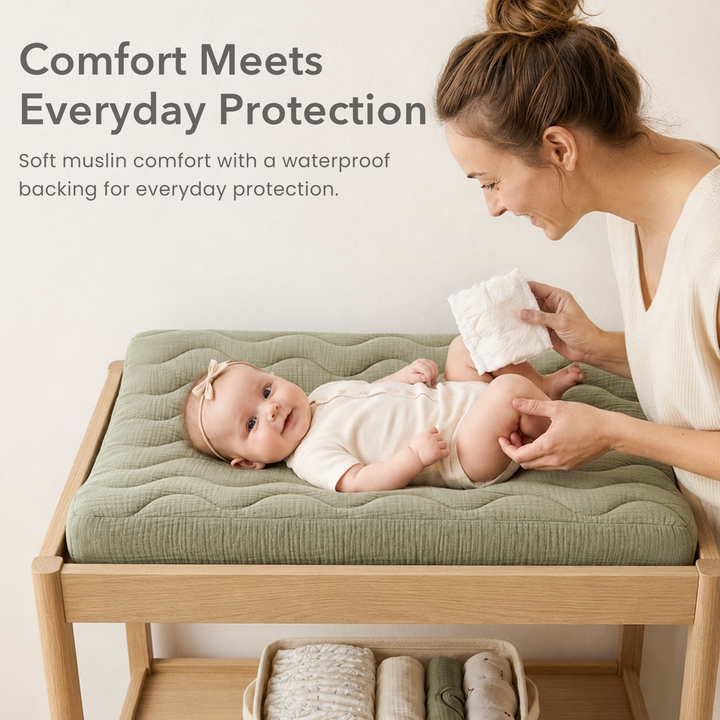 Konssy Waterproof Muslin Changing Pad Cover 2 Pack, 100% Cotton Quilted Diaper Changing Table Sheets, Soft Breathable Boho Nursery Bedding for Baby, Silent & Absorbent Standard Fit
