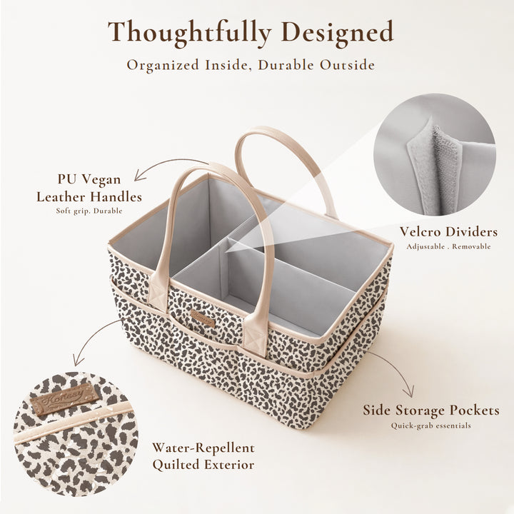 Konssy Quilted Diaper Caddy Organizer, Diaper Caddy Basket with Vegan Leather Handles, Water-Repellent Nursery Storage Basket, Portable Car Organizer, Registry Search Must Haves
