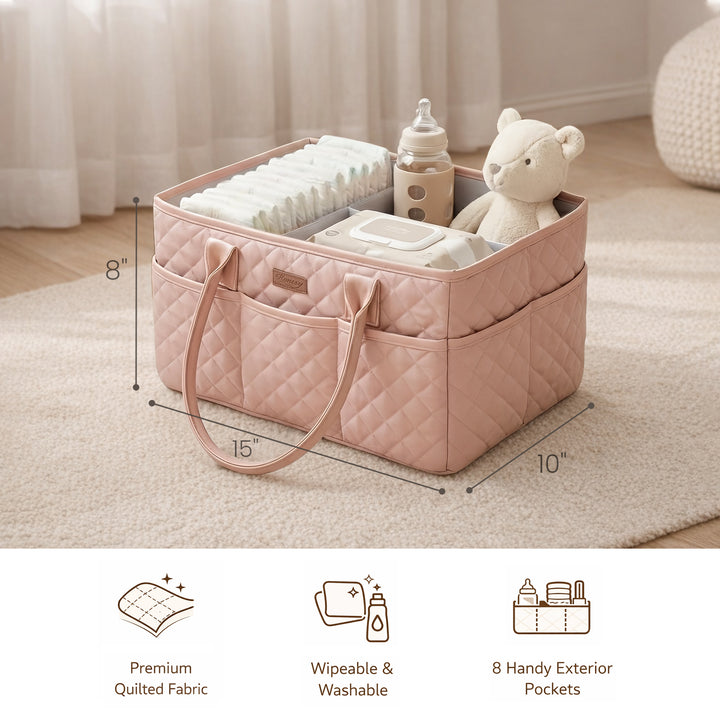 Konssy Floral Quilted Diaper Caddy Organizer, Diaper Caddy Basket with Vegan Leather Handles