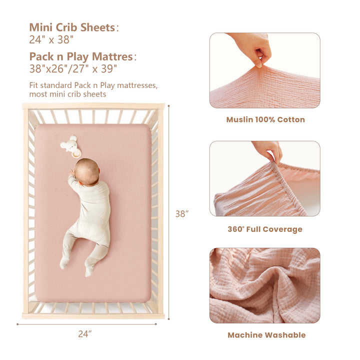 Konssy Muslin Crib Sheets for Girl Boy, 2 PCS Soft and Breathable Cotton Baby Sheets for Standard Crib Mattress, 38"x 24"