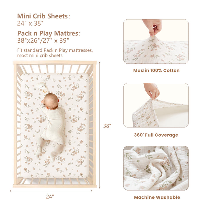 Konssy Muslin Crib Sheets for Girl Boy, 2 PCS Soft and Breathable Cotton Baby Sheets for Standard Crib Mattress, 38"x 24"