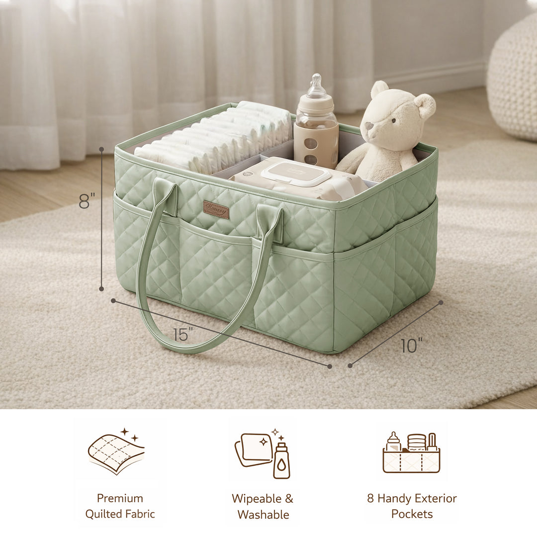 Konssy Quilted Diaper Caddy Organizer, Diaper Caddy Basket with Vegan Leather Handles, Water-Repellent Nursery Storage Basket, Portable Car Organizer, Registry Search Must Haves (Fog Green)