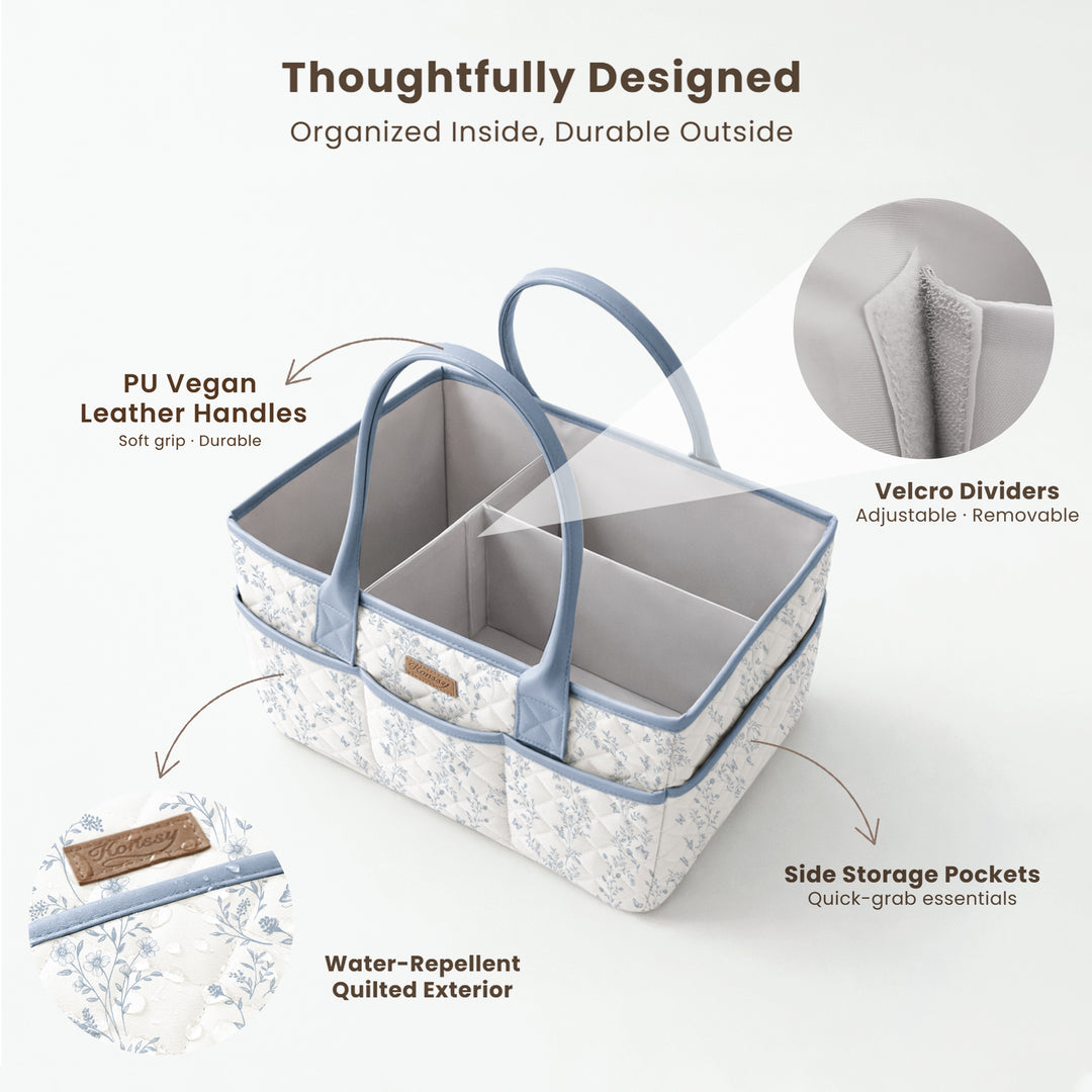 Konssy Quilted Diaper Caddy Organizer, Diaper Caddy Basket with Vegan Leather Handles, Water-Repellent Nursery Storage Basket, Portable Car Organizer, Registry Search Must Haves