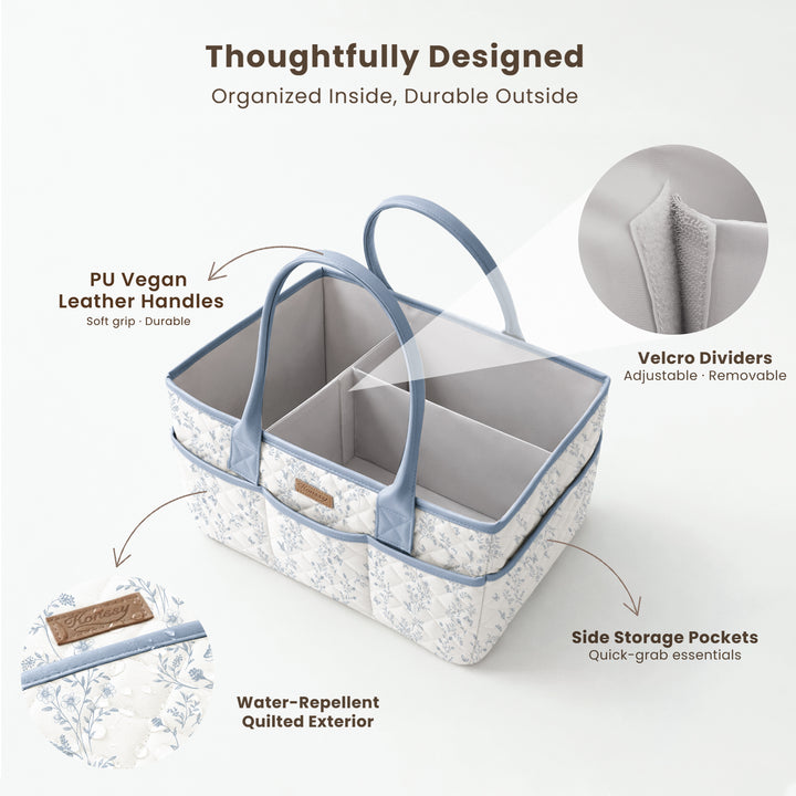 Konssy Quilted Diaper Caddy Organizer, Diaper Caddy Basket with Vegan Leather Handles, Water-Repellent Nursery Storage Basket, Portable Car Organizer, Registry Search Must Haves