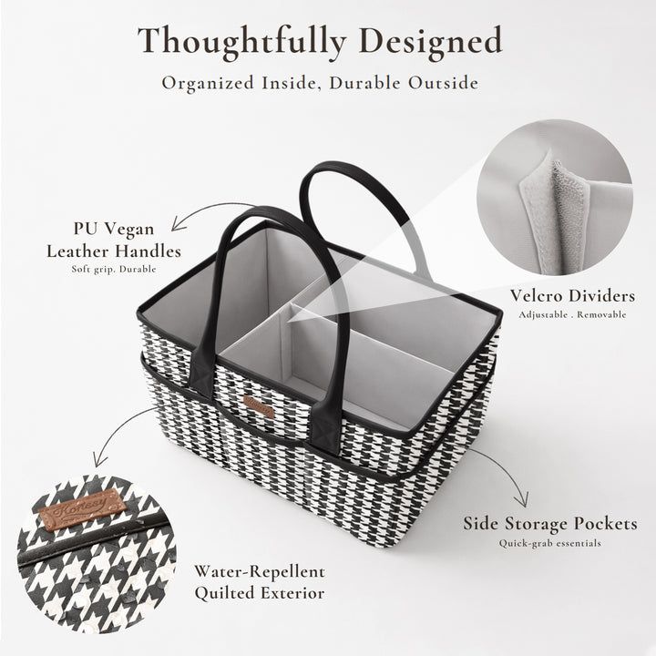 Konssy Quilted Diaper Caddy Organizer, Diaper Caddy Basket with Vegan Leather Handles, Water-Repellent Nursery Storage Basket, Portable Car Organizer, Registry Search Must Haves