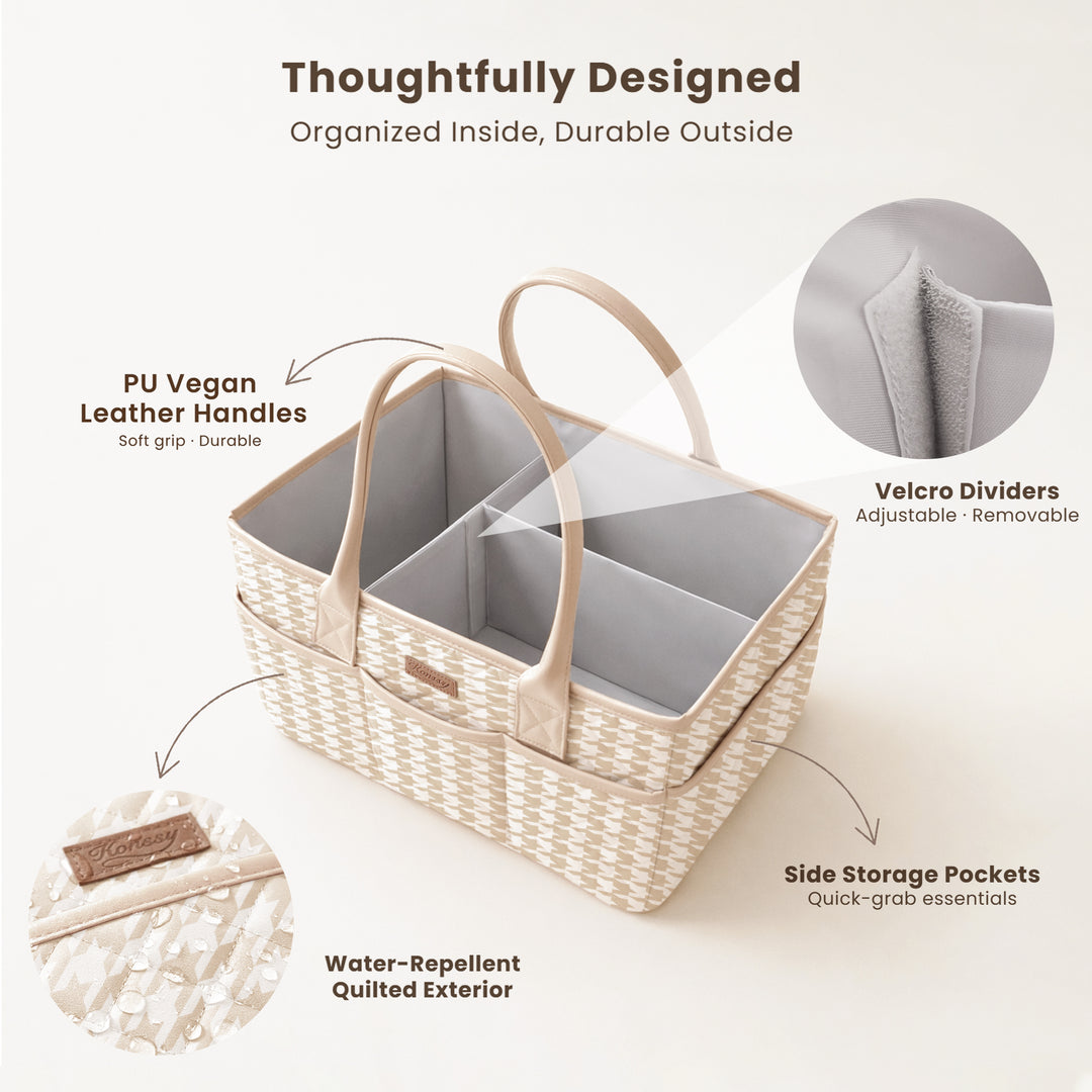 Konssy Quilted Diaper Caddy Organizer, Diaper Caddy Basket with Vegan Leather Handles, Water-Repellent Nursery Storage Basket, Portable Car Organizer, Registry Search Must Haves