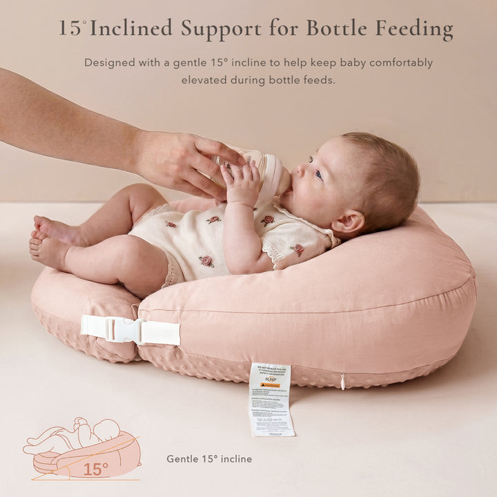 Konssy Nursing Pillow for Breastfeeding and Bottle Feeding, Safety Guard Baby Feeding Pillow, Gentle Incline, Waist Strap, Side Pocket for New Moms Home and Travel