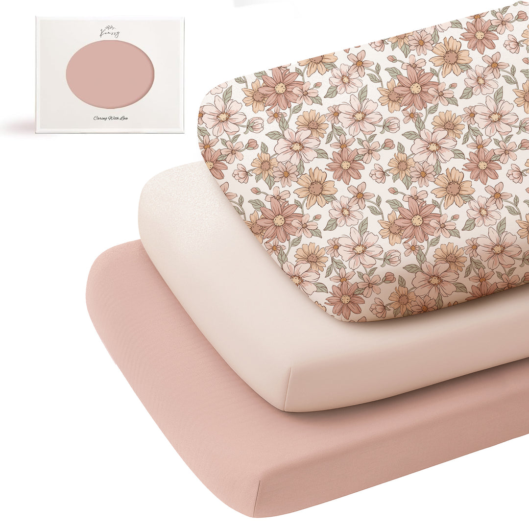 Konssy 3 Pack Stretchy Bassinet Sheets for Baby Girl Boy, Soft Breathable Baby Bassinet Mattress Sheets Fit for Hourglass Oval Cradle, Moses Basket Rectangle Mattress