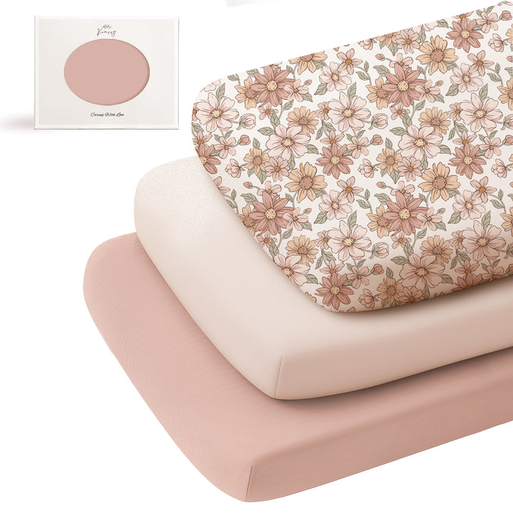 Konssy 3 Pack Stretchy Bassinet Sheets for Baby Girl Boy, Soft Breathable Baby Bassinet Mattress Sheets Fit for Hourglass Oval Cradle, Moses Basket Rectangle Mattress