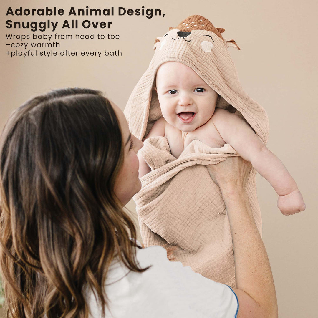 Konssy 2-Pack Muslin Baby Hooded Towels, 100% Cotton, Soft and Absorbent Baby Bath Towels for Newborn, Infant & Toddler with Animal Hooded Design
