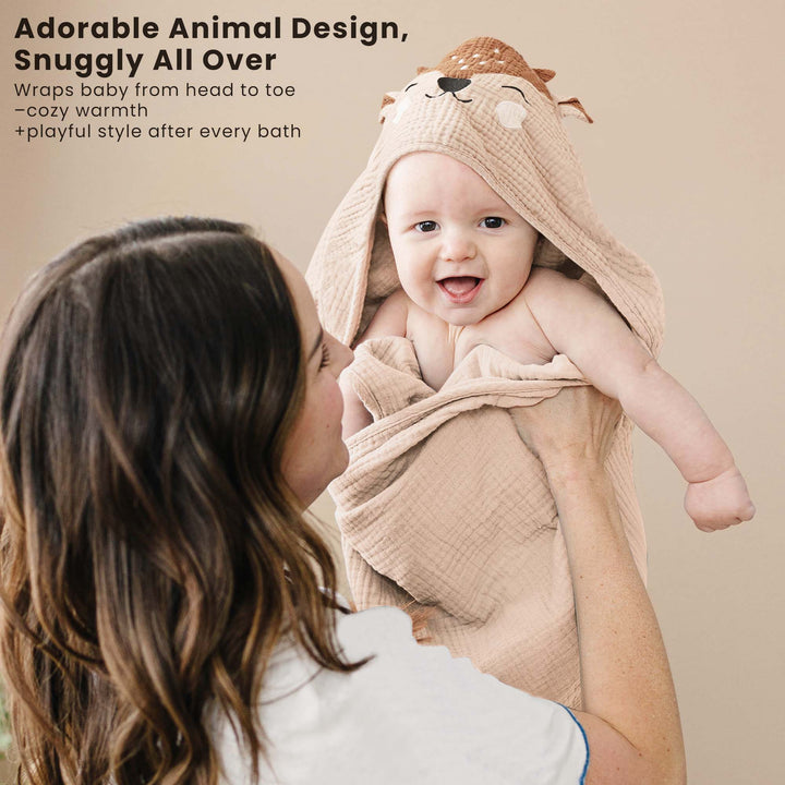 Konssy 2-Pack Muslin Baby Hooded Towels, 100% Cotton, Soft and Absorbent Baby Bath Towels for Newborn, Infant & Toddler with Animal Hooded Design