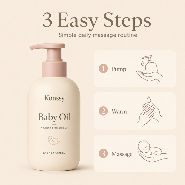 Konssy Baby Oil for Moisturizing and Massage, Lightweight Nourishing Massage Oil with Easy Pump, Daily Baby Skin Care Oil