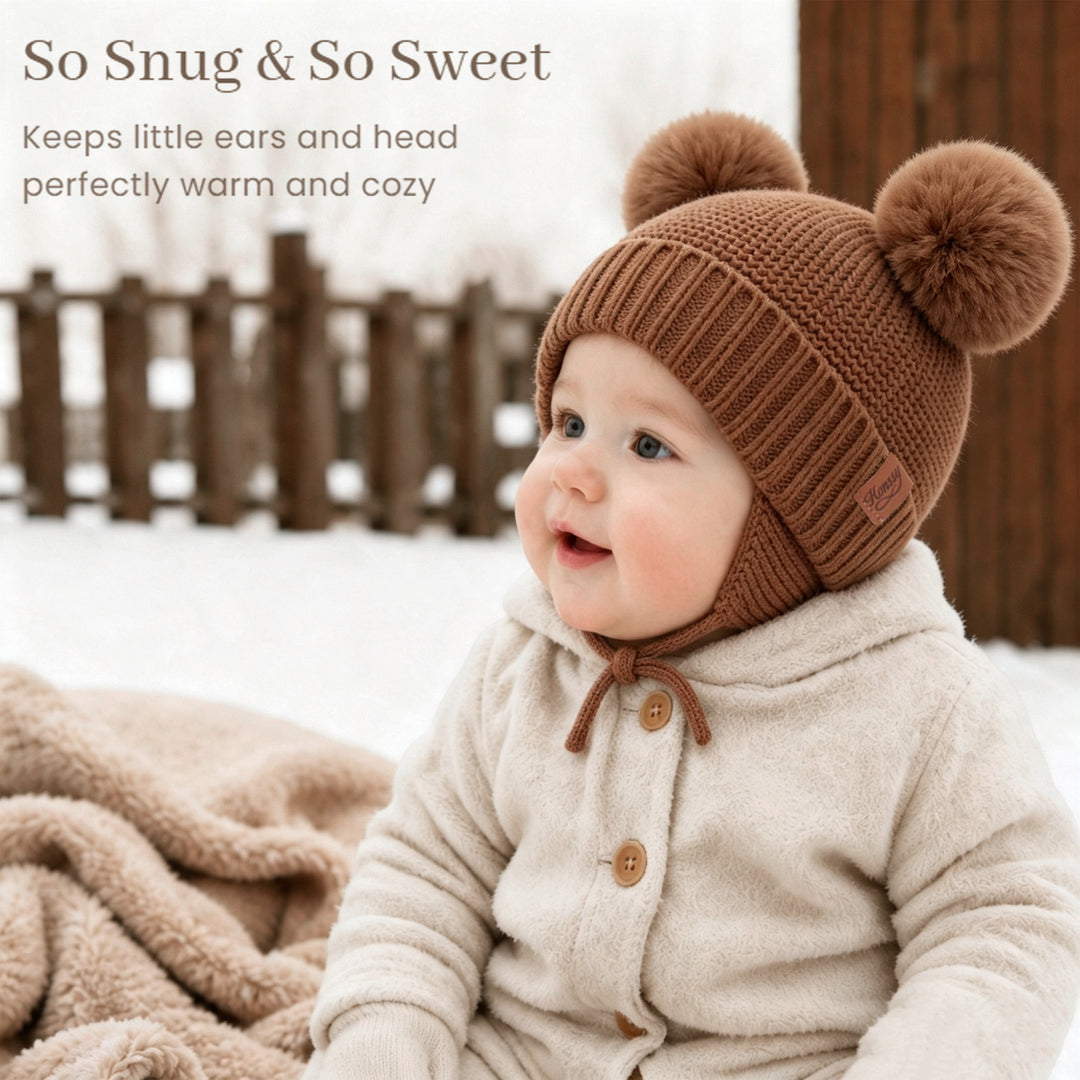 Konssy 2 Pack Baby Beanie Hat with Ear Flaps, Newborn Winter Hat 0-6 Months/60% Soft Cotton Lining to Help Retain Warmth, Secure Tie Closure, Comfy Double Pom-Pom Knit Winter Hat for Baby Boys Girls
