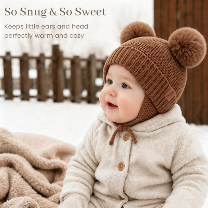 Konssy 2 Pack Baby Beanie Hat with Ear Flaps, Newborn Winter Hat 0-6 Months/60% Soft Cotton Lining to Help Retain Warmth, Secure Tie Closure, Comfy Double Pom-Pom Knit Winter Hat for Baby Boys Girls