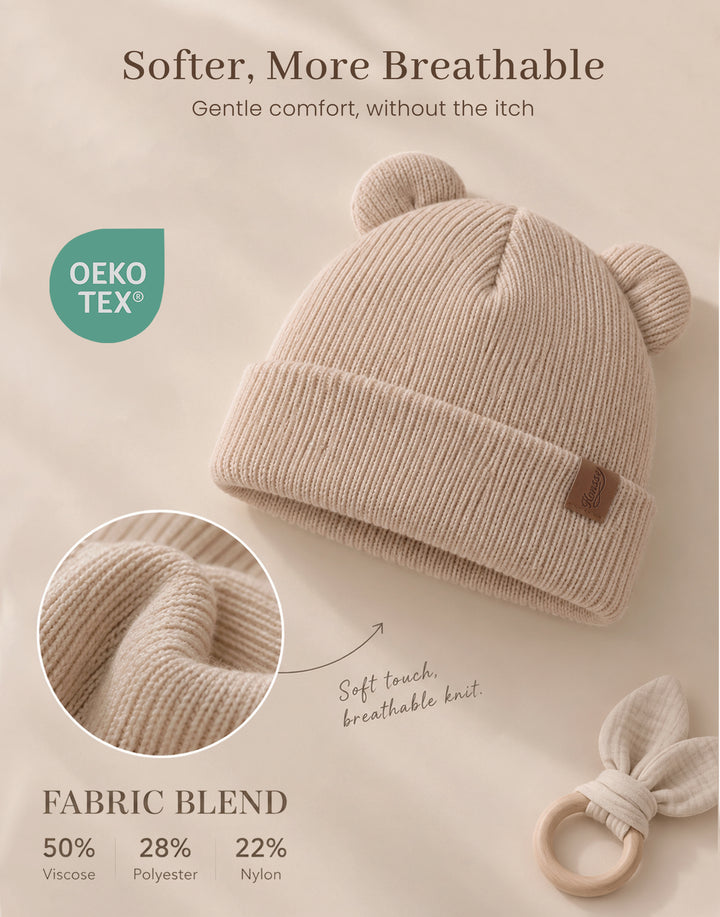 Konssy 4 Pack Baby Beanie with Bear Ear Warm Winter Hat for Newborn Infant Cozy Double-Layer Knitted Warm Cap, Extra-Soft Stretch Beanies, Multicolor Set, Baby Winter Hat for Boys and Girls 0-6 Months