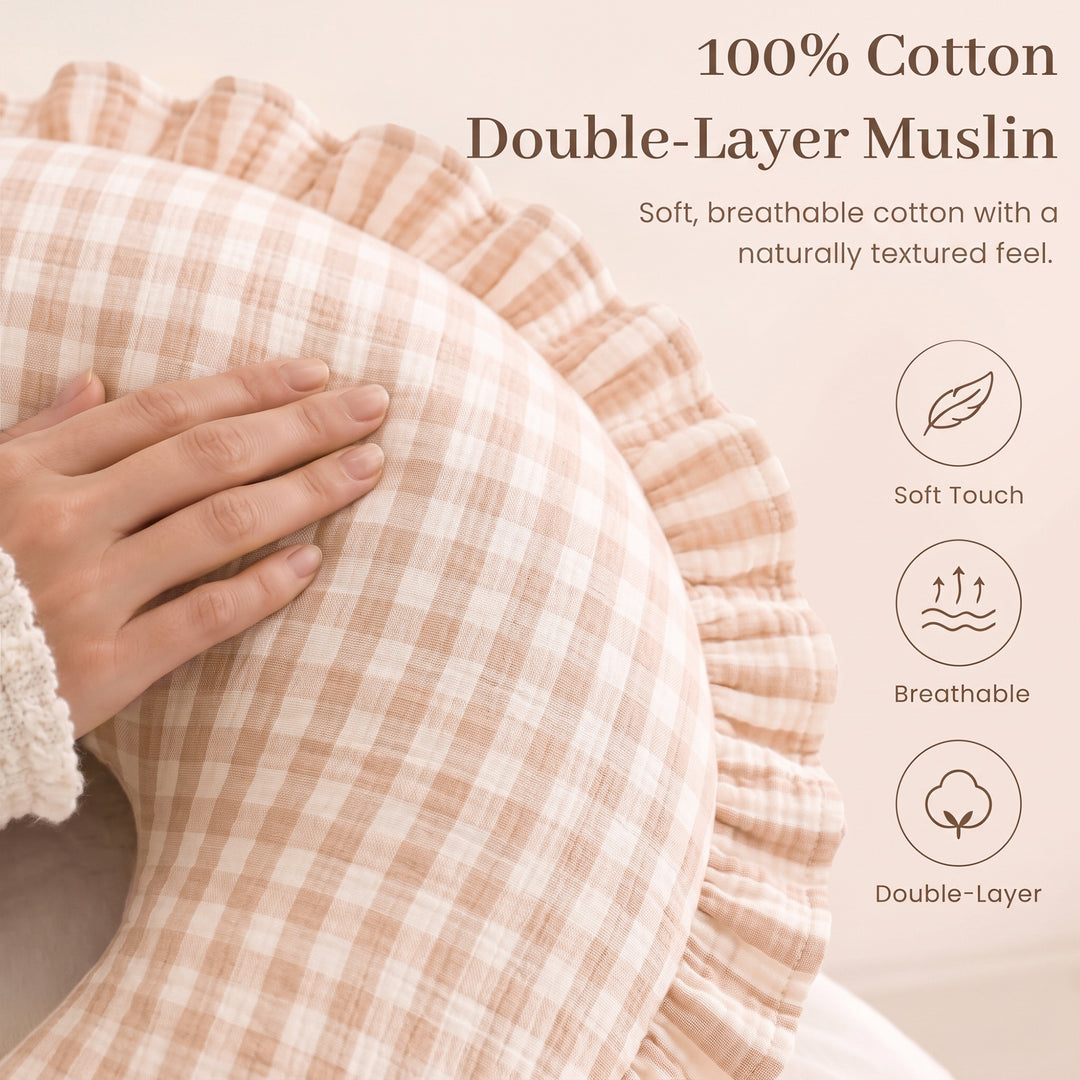 Konssy 100% Muslin Cotton Soft Nursing Pillow Covers with Ruffle Trim Covers Only, Breathable & Machine Washable Slipcover, Baby Breastfeeding Pillow Cover for Newborn Boys & Girls, in gift box