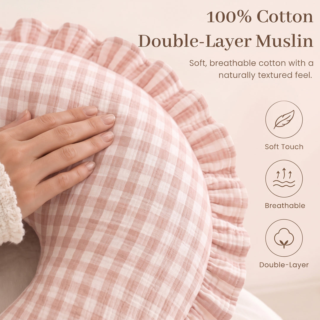 Konssy 100% Muslin Cotton Soft Nursing Pillow Covers with Ruffle Trim Covers Only, Breathable & Machine Washable Slipcover, Baby Breastfeeding Pillow Cover for Newborn Boys & Girls, in gift box