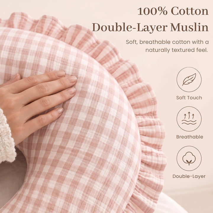 Konssy 100% Muslin Cotton Soft Nursing Pillow Covers with Ruffle Trim Covers Only, Breathable & Machine Washable Slipcover, Baby Breastfeeding Pillow Cover for Newborn Boys & Girls, in gift box