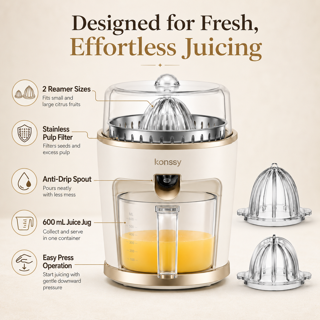 Konssy Electric Citrus Juicer Machine, Orange Lemon Lime Grapefruit Juice Extractor with 2 Reamer Sizes