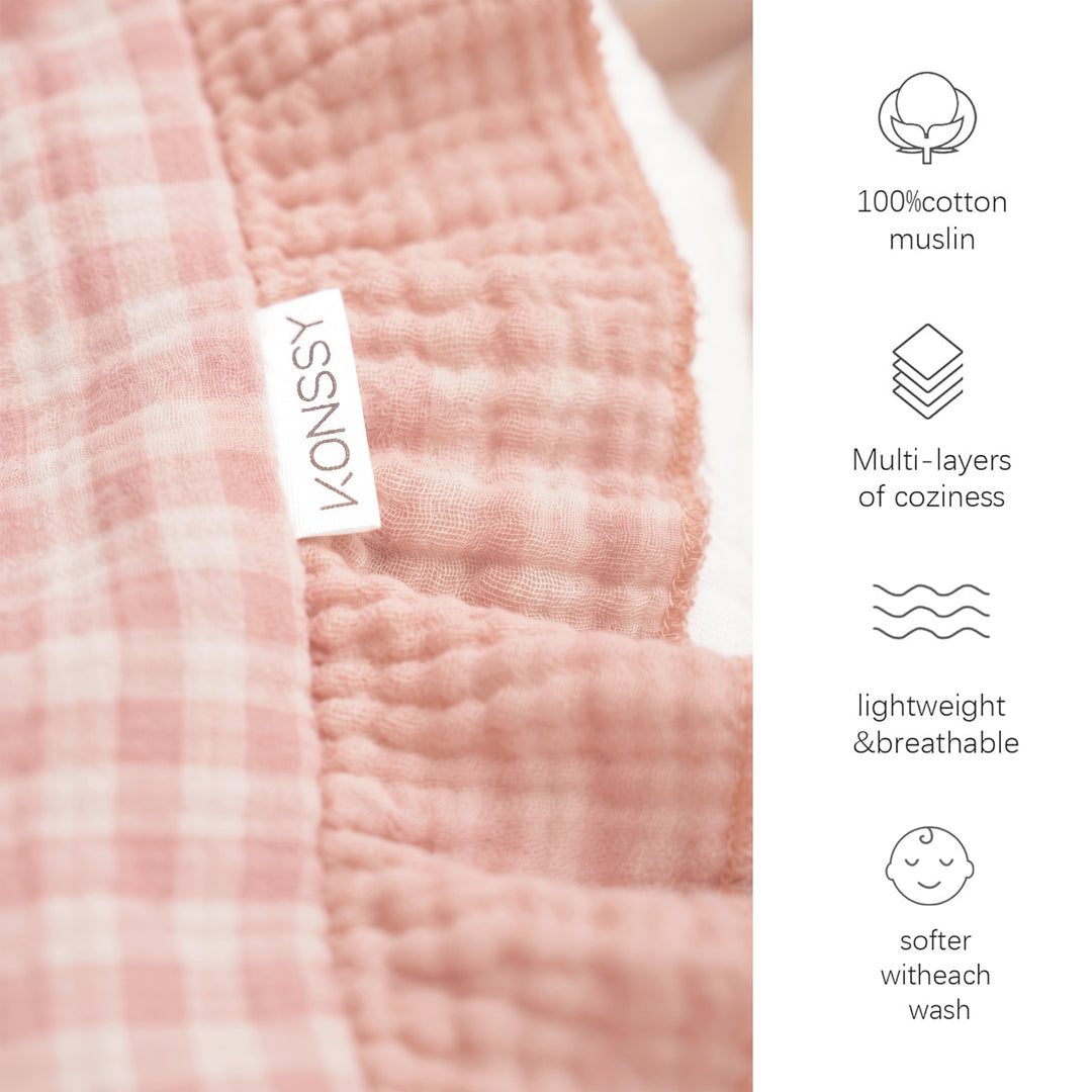 Konssy 100% Cotton Muslin Baby Blanket with Ruffle Trim for Girls, 43"x39" Reversible Design, Ultra Soft & Lightweight, for Swaddling, Crib, Stroller & Nursery Use, from Newborn to Toddler