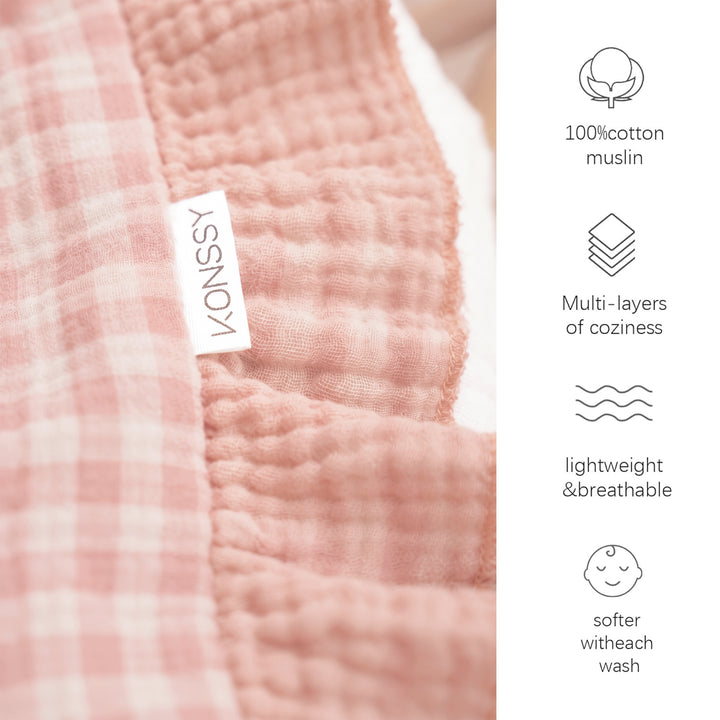 Konssy 100% Cotton Muslin Baby Blanket with Ruffle Trim for Girls, 43"x39" Reversible Design, Ultra Soft & Lightweight, for Swaddling, Crib, Stroller & Nursery Use, from Newborn to Toddler