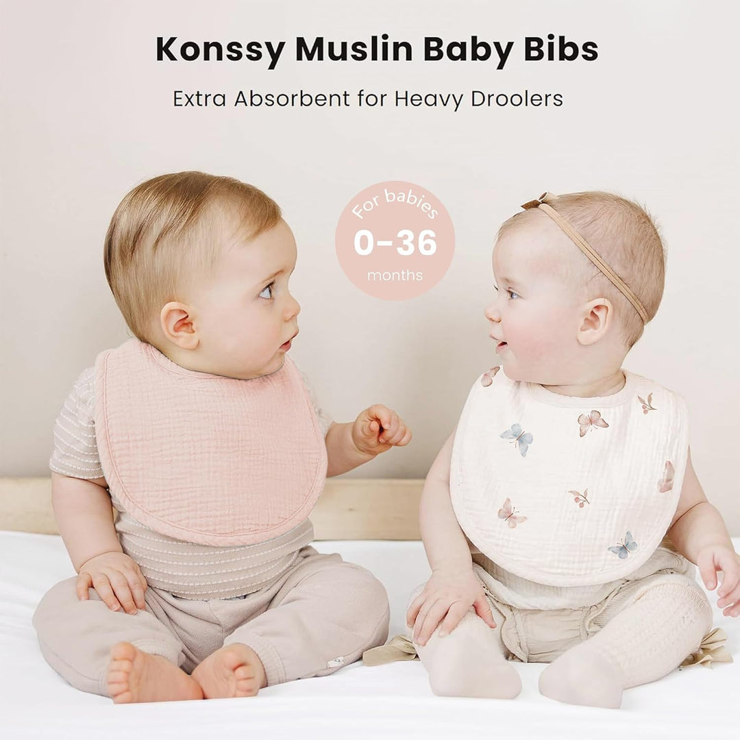 Konssy 8-Pack Muslin Baby Bibs, Adjustable Fit for Drooling and Teething Soft Absorbent, Drool Bibs for Baby Boys Girls, Cotton Front with Fleece Backing, Newborn to Toddler 0-36M