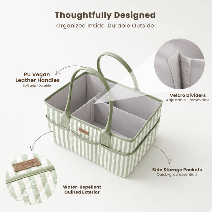 Konssy Quilted Diaper Caddy Organizer, Diaper Caddy Basket with Vegan Leather Handles, Water-Repellent Nursery Storage Basket, Portable Car Organizer, Registry Search Must Haves