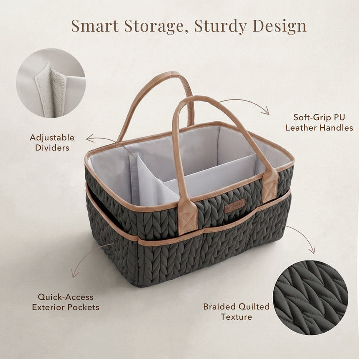 Konssy Baby Diaper Caddy Organizer, Braided Quilted Design with PU Handles | Water-Repellent, Portable Diaper Caddy Basket, Boho Nursery Organizer for Changing Table, Newborn Essentials