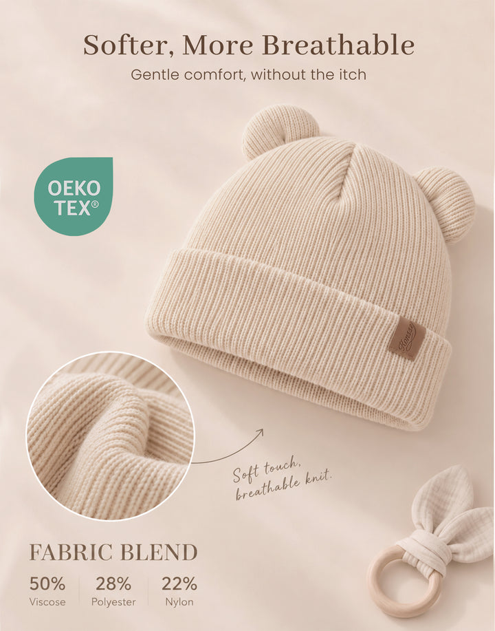 Konssy 4 Pack Baby Beanie with Bear Ear Warm Winter Hat for Newborn Infant Cozy Double-Layer Knitted Warm Cap, Extra-Soft Stretch Beanies, Multicolor Set, Baby Winter Hat for Boys and Girls 0-6 Months
