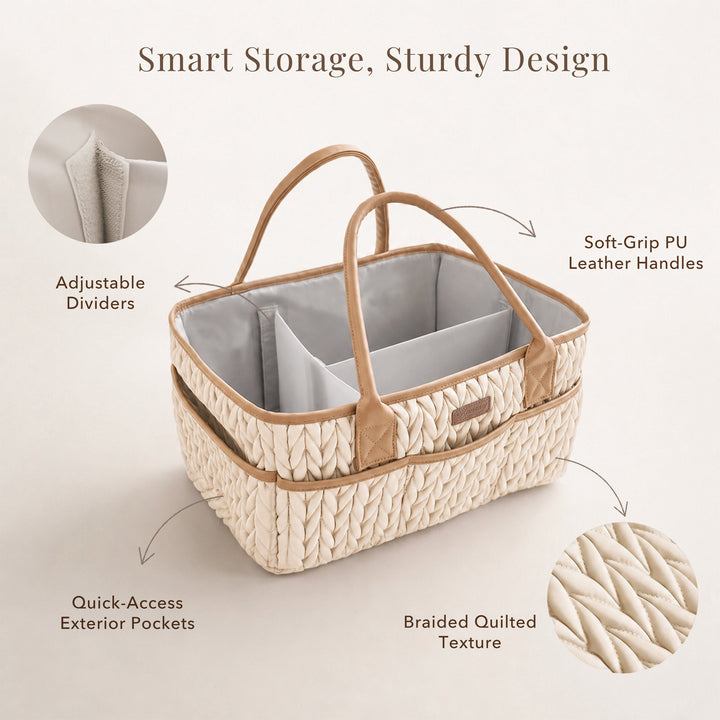 Konssy Baby Diaper Caddy Organizer, Braided Quilted Design with PU Handles | Water-Repellent, Portable Diaper Caddy Basket, Boho Nursery Organizer for Changing Table, Newborn Essentials