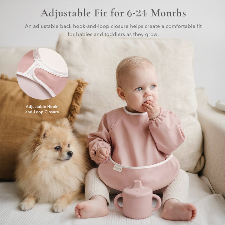 Konssy Long Sleeve Baby Bibs for Eating, Soft-Touch PU Waterproof Feeding Smock with Catch-All Pocket, Full Coverage Bib with Sleeves