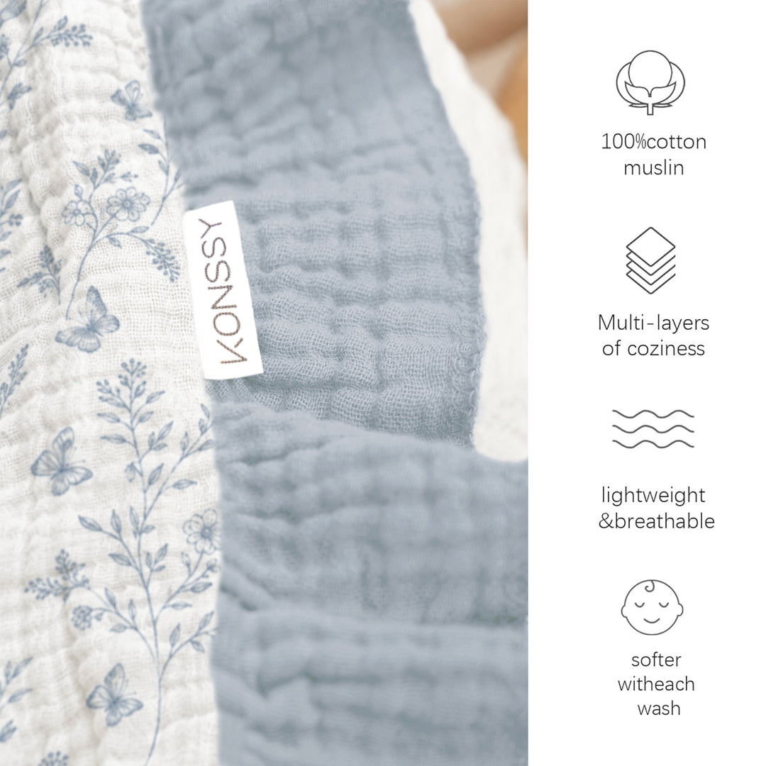 Konssy 100% Cotton Muslin Baby Blanket with Ruffle Trim for Girls, 43"x39" Reversible Design, Ultra Soft & Lightweight, for Swaddling, Crib, Stroller & Nursery Use, from Newborn to Toddler