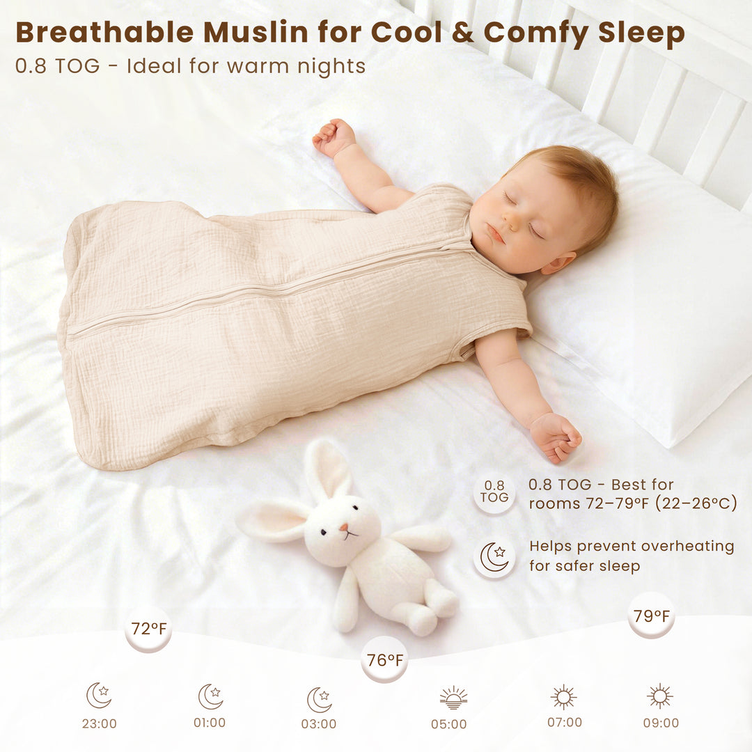 Konssy Muslin Baby Sleep Sack 0-6 Months 0.8 TOG, 2 Pack 100% Cotton Wearable Blanket for Babies, 2-Way Zipper Breathable Sleeping Sack Infant Toddler Essentials for Girls and Boys