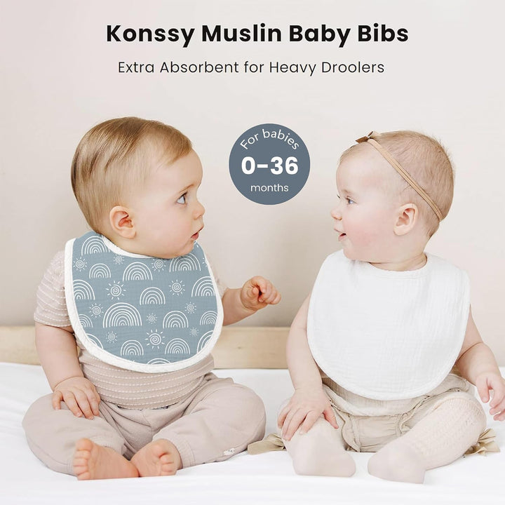 Konssy 8-Pack Muslin Baby Bibs, Adjustable Fit for Drooling and Teething Soft Absorbent, Drool Bibs for Baby Boys Girls, Cotton Front with Fleece Backing, Newborn to Toddler 0-36M