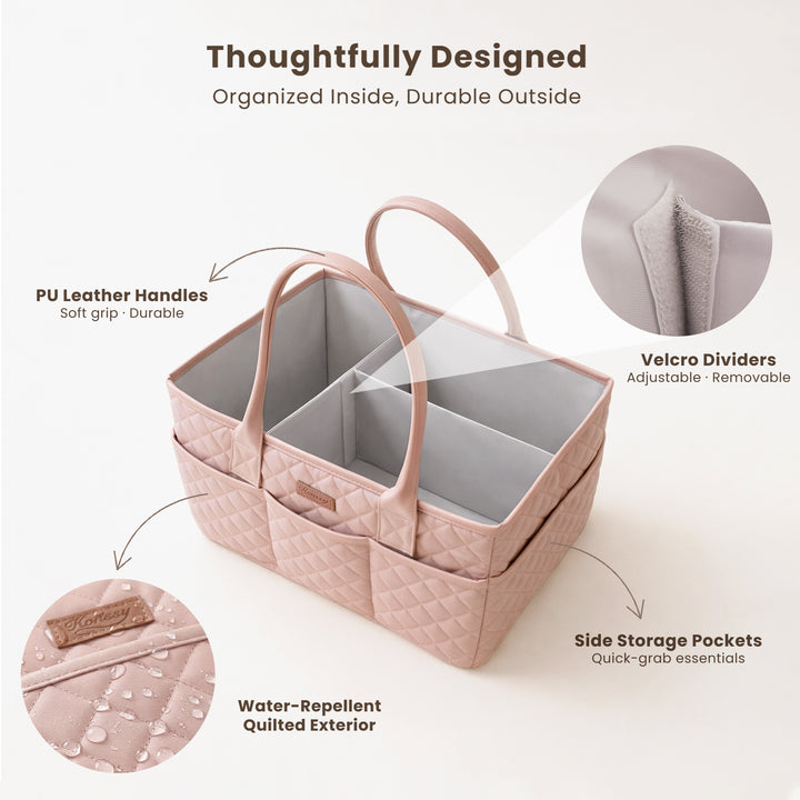 Konssy Floral Quilted Diaper Caddy Organizer, Diaper Caddy Basket with Vegan Leather Handles
